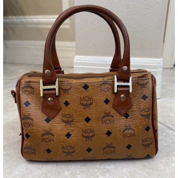 VTG MCM Cognac Monogram Visetos Boston Bag Coated Canvas Small Purse - Picture 2 of 16